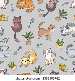 Seamless pattern with cartoon cats, 
clew, fish skeletons and potted plants on light coloured background. Vector illustration