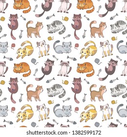 Seamless pattern with cartoon cats, 
clew, fish skeletons on white background. Vector illustration