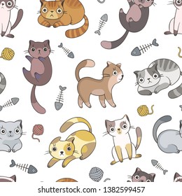 Seamless pattern with cartoon cats, 
clew, fish skeletons on white background. Vector illustration