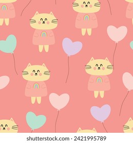 Seamless pattern cartoon cats and colorful balloons in the shape of love. cute wallpaper for gift wrapping paper, cute wallpaper for textiles