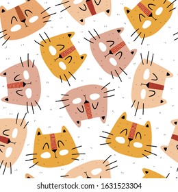 Seamless pattern with cartoon cats, decor elements. colorful vector for kids. flat style. Hand drawing, animals. baby design for fabric, print, textile, wrapper