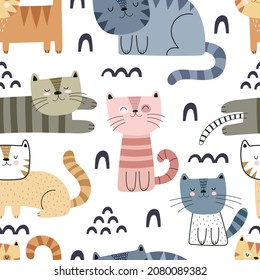seamless pattern with cartoon cats, decor elements. Colorful vector flat for kids. hand drawing. baby design for fabric, print, wrapper, textile