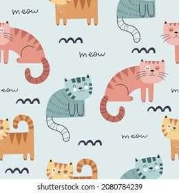 seamless pattern with cartoon cats, decor elements. Colorful vector flat for kids. hand drawing. baby design for fabric, print, wrapper, textile