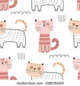 seamless pattern with cartoon cats, decor elements. Colorful vector flat for kids. hand drawing. baby design for fabric, print, wrapper, textile