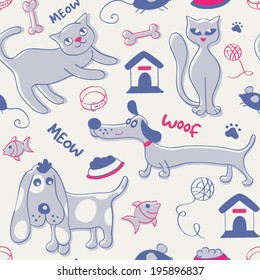 Seamless pattern with cartoon cats and dogs on light background in vector 