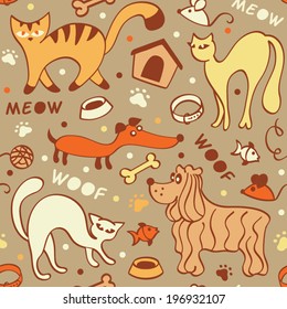 Seamless pattern with cartoon cats and dogs on beige background in vector 