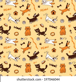 Seamless pattern with cartoon cats and dogs on yellow background in vector 