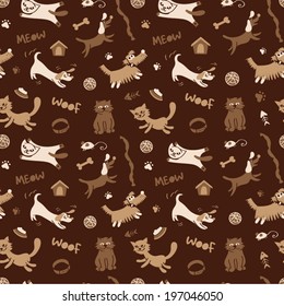 Seamless pattern with cartoon cats and dogs on brown background in vector 