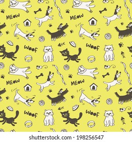 Seamless pattern with cartoon cats and dogs on light-yellow background in vector 