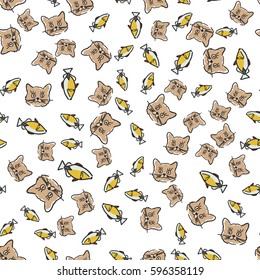 Seamless pattern with cartoon cat's faces and fish
