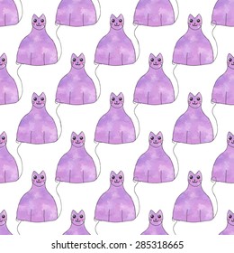 Seamless pattern with cartoon cats. Hand-drawn background. Vector illustration. Real watercolor drawing.