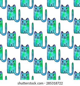 Seamless pattern with cartoon cats. Hand-drawn background. Vector illustration. Real watercolor drawing.