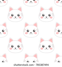 Seamless Pattern with Cartoon Cat's Heads on White Background. Vector illustration
