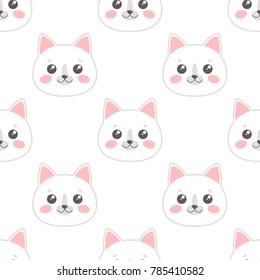 Seamless Pattern with Cartoon Cat's Heads on White Background. Vector illustration
