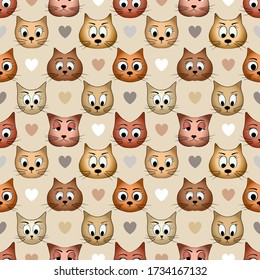Seamless pattern with cartoon cats and hearts. Applicable for children's textiles and gift wrapping, cards, albums, interior decor. Vector illustration
