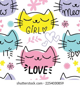 Seamless pattern with cartoon  cats, and hearts and slogan. Cute texture background. Wallpaper for girls. Fashion style
