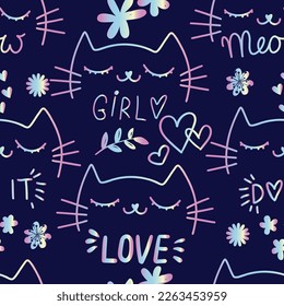 Seamless pattern with cartoon  cats, and hearts and slogan. Cute texture background. Wallpaper for girls. Fashion style
