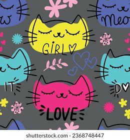 Seamless pattern with cartoon  cats, and hearts and slogan. Cute texture background. Wallpaper for girls. Fashion style
