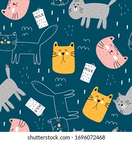 seamless pattern with cartoon cats, milk, decor elements on a neutral background. Colorful vector flat for kids. hand drawing. baby design for fabric, print, wrapper, textile