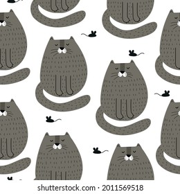 patrón impecable con gatos de dibujos animados, ratón, elementos decorativos. Vector colorido plano para los niños. dibujo a mano. diseño de bebé para tela, impresión, envoltura, textil