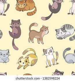 Seamless pattern with cartoon cats on 
light coloured background. Vector illustration