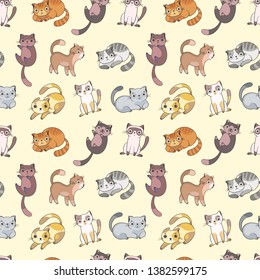 Seamless pattern with cartoon cats on light coloured background. Vector illustration