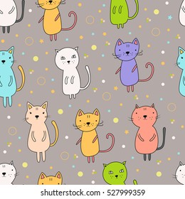 Seamless pattern with cartoon cats on a gray background