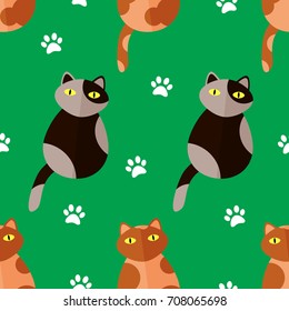 Seamless pattern with cartoon cats and paw prints on green background. Vector. Flat style