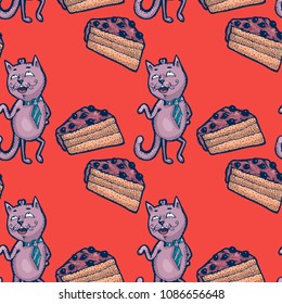 Seamless pattern of cartoon Cats and piece of cake.Dessert and Animal on a red background.  Colorful hand drawn vector stock illustration.