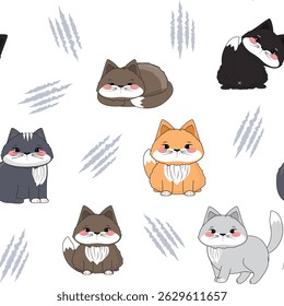 Seamless pattern with cartoon cats in various poses, pastel colors, playful and minimal, white background