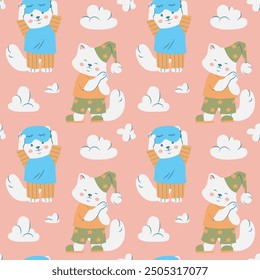 Seamless pattern with cartoon cats wearing pajamas and sleeping caps, surrounded by clouds on a peach background. Flat illustration.