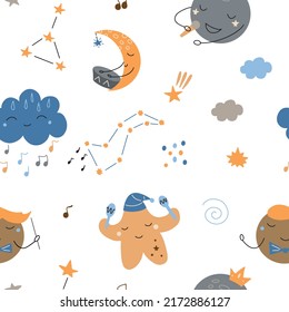 Seamless pattern with cartoon celestial bodies: moon, planet, cloud, star. Music theme elements for children. Vector illustration isolated on white background for textile design, poster, decor.