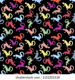 seamless pattern, cartoon chameleon green lizard on colorful background