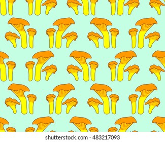 Seamless pattern of the cartoon chanterelle mushrooms 
