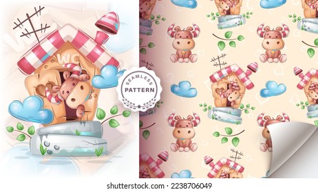 Nahtlose Muster Cartoon Charakter schmücken Stier in der Toilette, schöne Tieridee für Print-T-Shirt, Poster und Kinder-Umschlag, Postkarte. Rutsche handgezeichnete Kuh. Vektor eps10