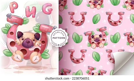 Perro adorable del personaje de dibujos animados sin foco, linda idea animal para camiseta impresa, afiche y sobre para niños, postal. Un pug estilo dibujado a mano. Vector eps 10