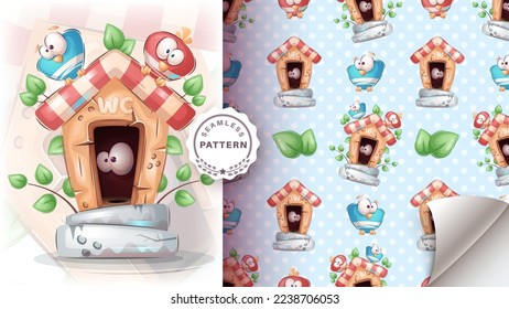 Seamless pattern cartoon character adorable bird toilet, pretty animal idea for print t-shirt, poster and kids envelope, postcard. Cute hand drawn style owl. Vector eps 10