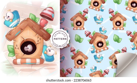 Seamless pattern cartoon character adorable birdhouse, pretty animal idea for print t-shirt, poster and kids envelope, postcard. Cute hand drawn style bird. Vector eps 10