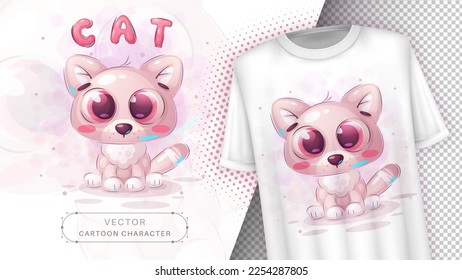 Seamless pattern cartoon character adorable cat, pretty animal idea for print t-shirt, poster and kids envelope, postcard. Cute hand drawn style kitty. Vector eps 10