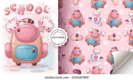 Seamless pattern cartoon character adorable school kitty, pretty animal idea for print t-shirt, poster and kids envelope, postcard. Cute hand drawn stylecat. Vector eps 10