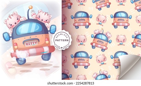 Seamless Pattern cartoon character adorable cat taxi, pretty animal idea for print t-shirt, poster and kids envelope, postcard. Cute hand drawn style taxi. Vector eps 10