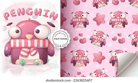 Seamless pattern cartoon character adorable penguin, pretty animal idea for print t-shirt, poster and kids envelope, postcard. Cute hand drawn style bird. Vector eps 10