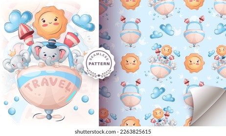 Seamless pattern cartoon character adorable travel elephant, pretty animal idea for print t-shirt, poster and kids envelope, postcard. Cute hand drawn style elephant. Vector eps 10