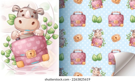 Seamless pattern cartoon character adorable rhinoceros, pretty animal idea for print t-shirt, poster and kids envelope, postcard. Cute hand drawn style rhino. Vector eps 10