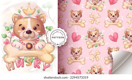 Seamless pattern cartoon character adorable dog, pretty animal idea for print t-shirt, poster and kids envelope, postcard. Cute hand drawn style puppy. Vector eps 10