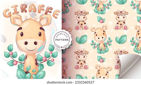 Seamless pattern  cartoon character adorable giraffe pretty animal idea for print t-shirt, poster and kids envelope, postcard. Cute hand drawn style. Vector eps 10