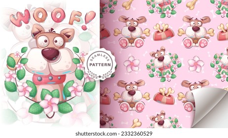 Seamless pattern cartoon character adorable dog, pretty animal idea for print t-shirt, poster and kids envelope, postcard. Cute hand drawn style. Vector eps 10