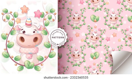 Seamless pattern cartoon character adorable Unicorn, pretty animal idea for print t-shirt, poster and kids envelope, postcard. Cute hand drawn style. Vector eps 10