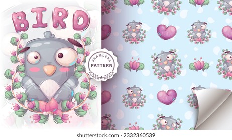 Seamless pattern cartoon character adorable dove, pretty animal idea for print t-shirt, poster and kids envelope, postcard. Cute hand drawn style. Vector eps 10