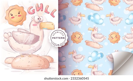 Caricatura sin foco, personaje adorable de gaviota, linda idea animal para camiseta impresa, afiche y sobre para niños, postal. Estilo dibujado a mano. Vector eps 10
